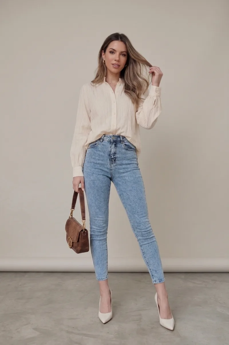 Buz Mavi Likralı Yüksek Bel Dar Paça Skinny Fit Jean Kot Pantolon