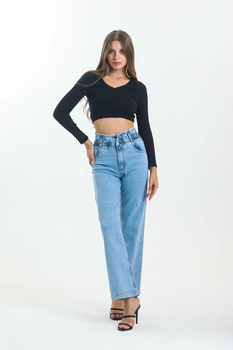 Buz Mavi Beli Lastikli Boyfriend Bol Paça Kot Pantolon Wide Leg Jean
