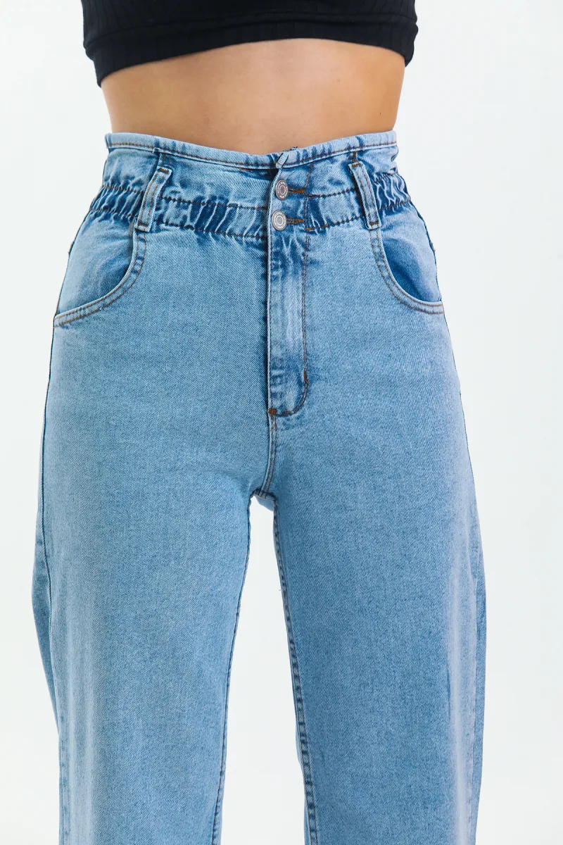 Buz Mavi Beli Lastikli Boyfriend Bol Paça Kot Pantolon Wide Leg Jean