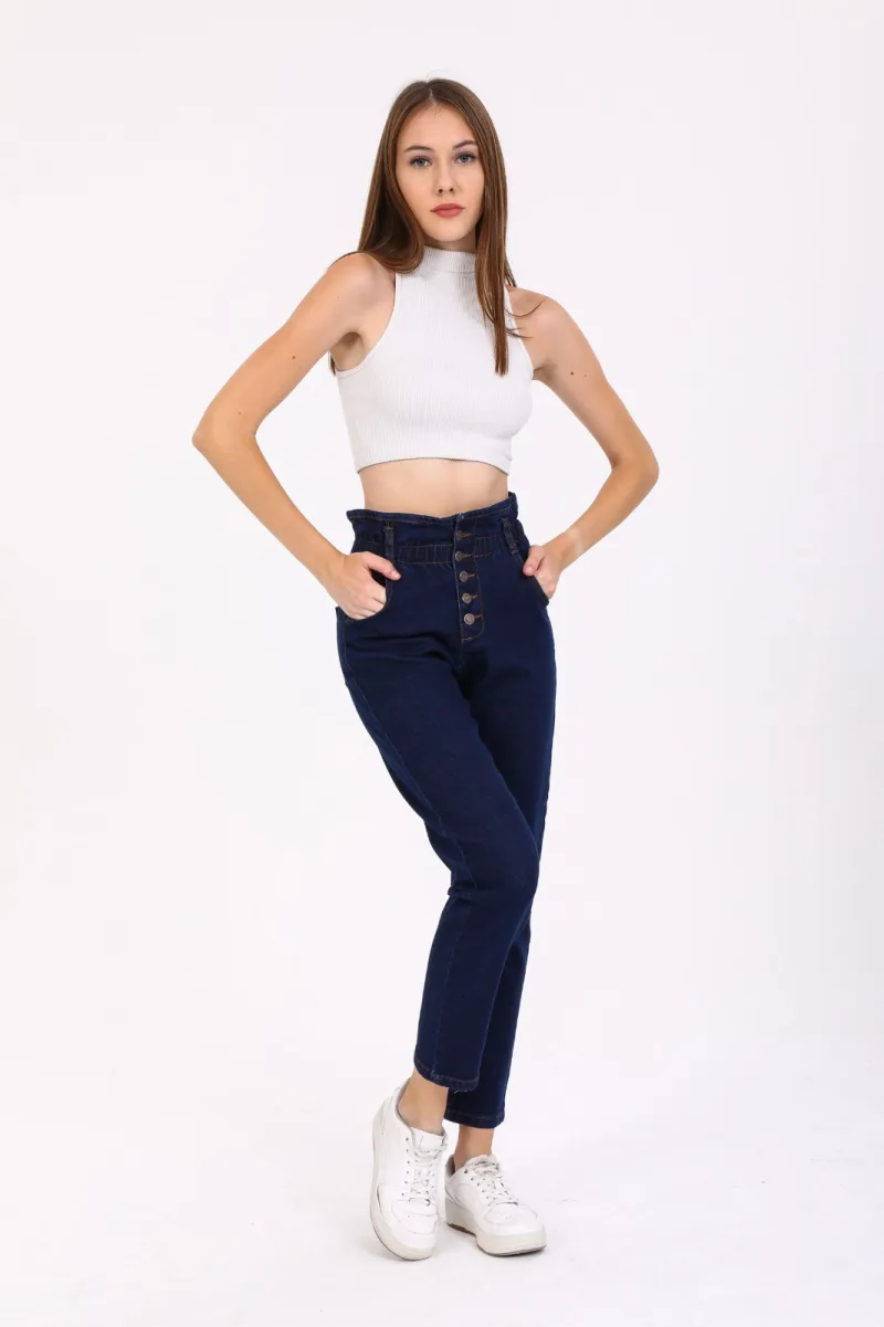 Lacivert Likralı Yüksek Bel Kadın Beli Lastikli Düğme Detaylı Fit Mom Jean Kot Pantolon