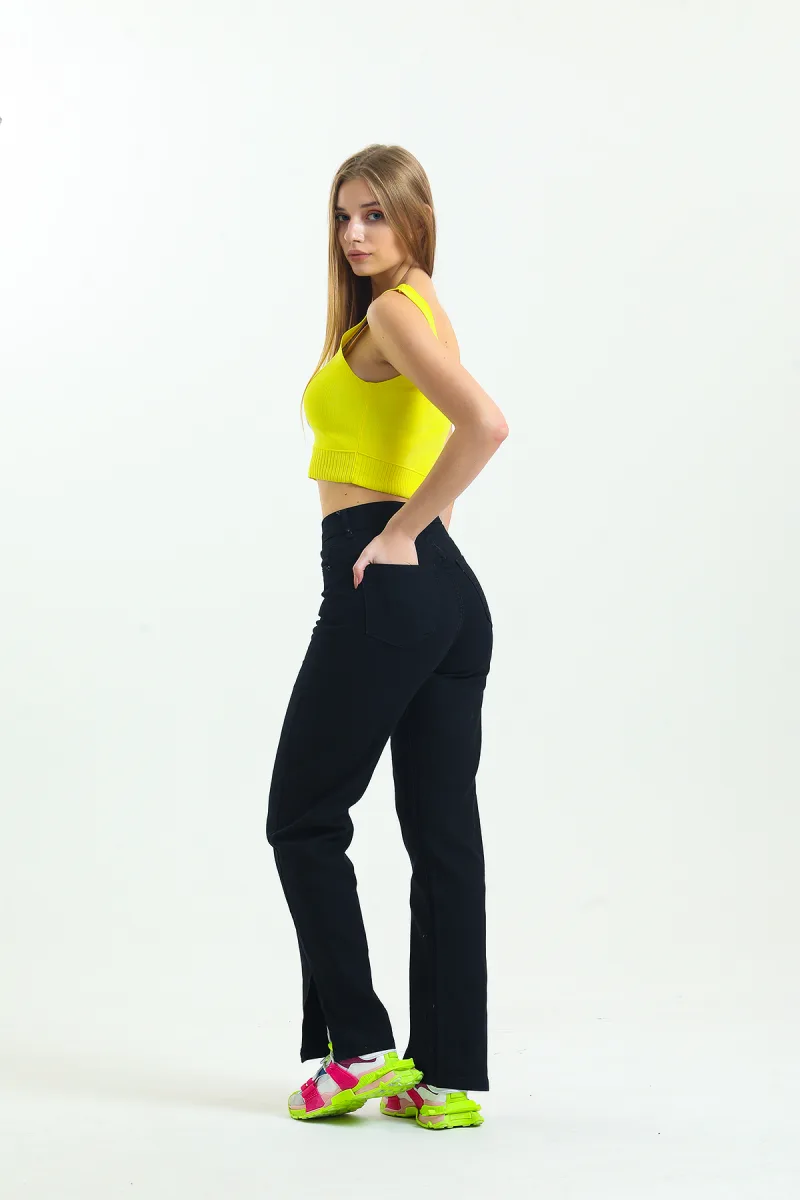 Siyah Yüksek Bel Bol Paça Yırtık Flare Jeans Bol Paça Kot Pantolon