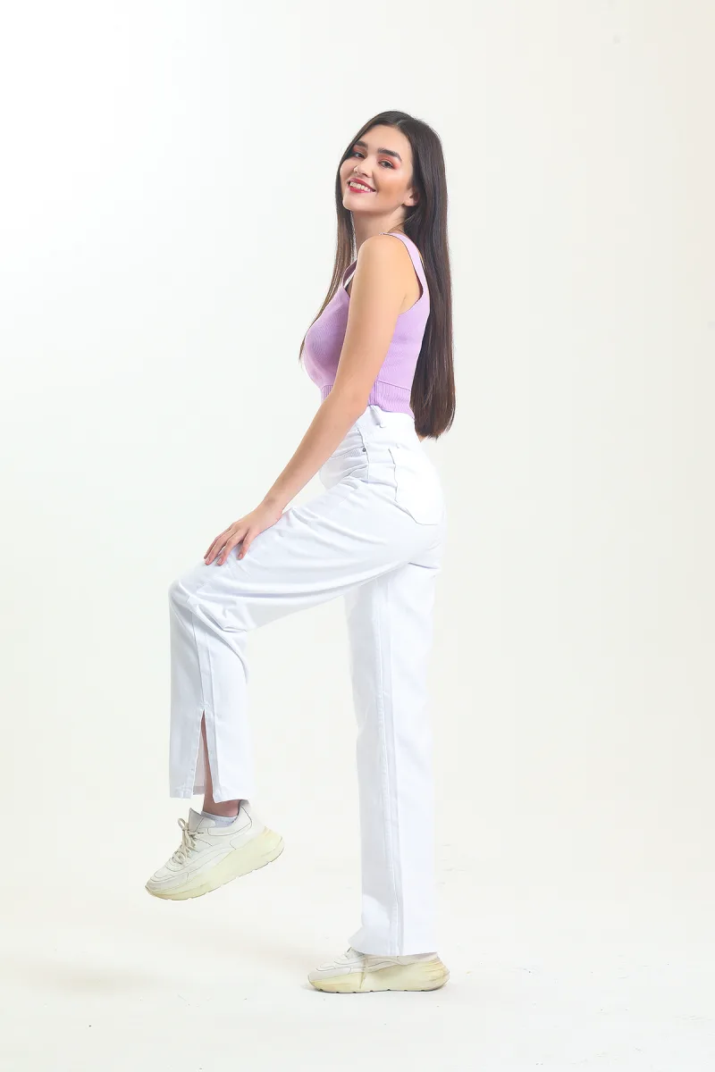 Beyaz Paça Yırtımaçlı Bol Paça Kot Pantolon Wide Leg Jean