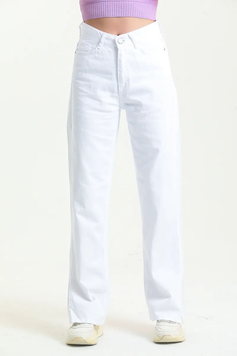 Beyaz Paça Yırtımaçlı Bol Paça Kot Pantolon Wide Leg Jean