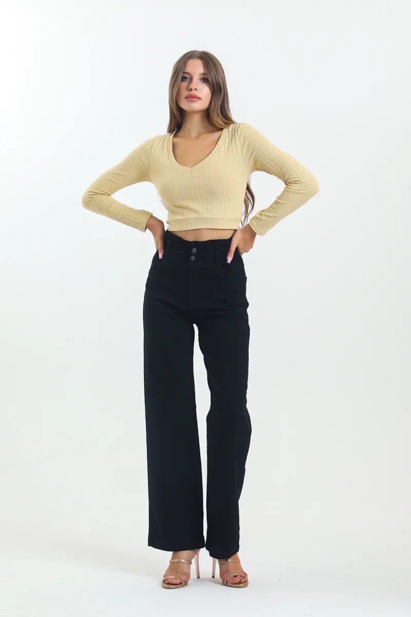 Siyah Beli Lastikli Boyfriend Bol Paça Kot Pantolon Wide Leg Jean