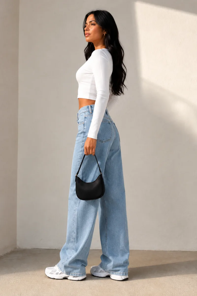 Buz Mavi Likralı Boyfriend Wide Leg Jean Bol Paça Kot Pantolon