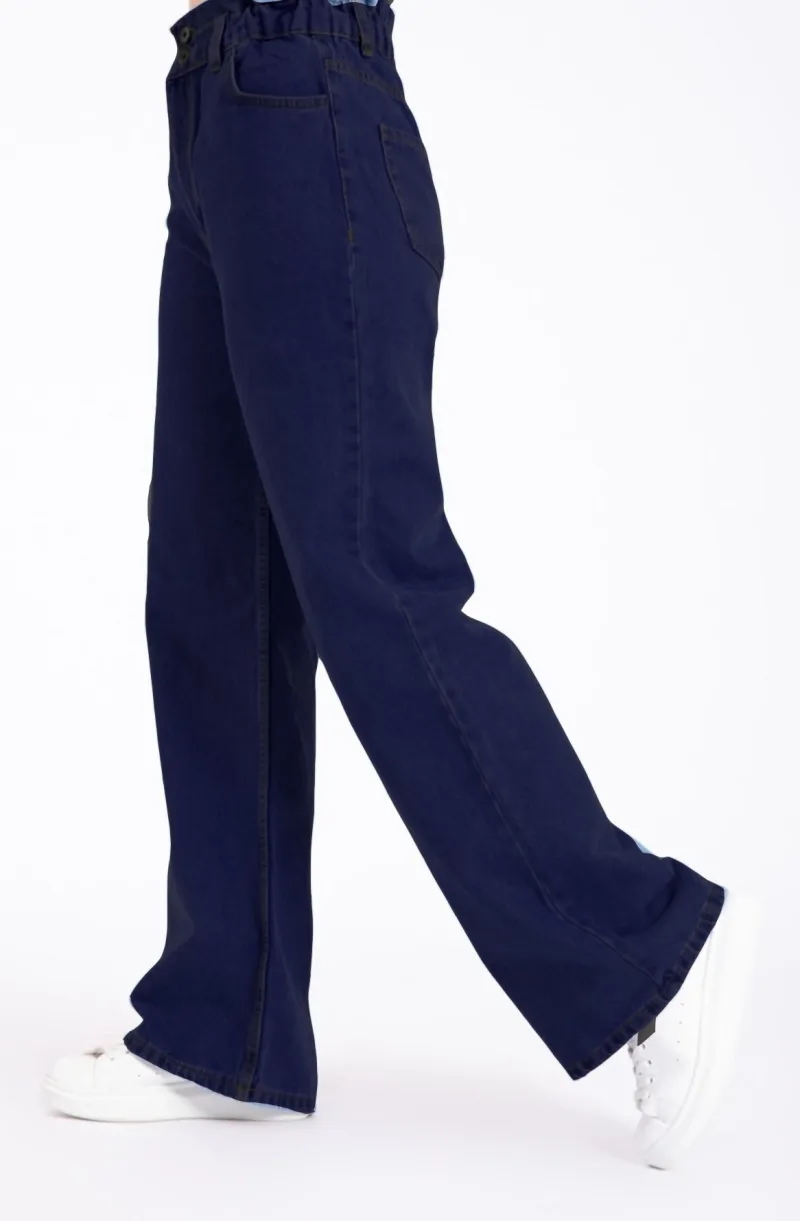 Lacivert Beli Lastikli Likralı Yüksek Bel Wide Leg Jeans Bol Paça Kot Pantolon