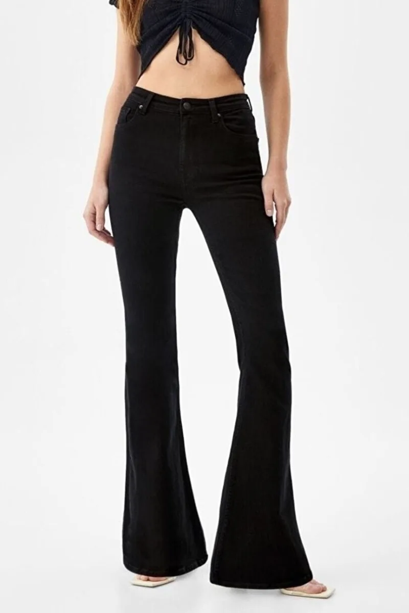 Siyah Yüksek Bel Ispanyol Paça Flare Jeans