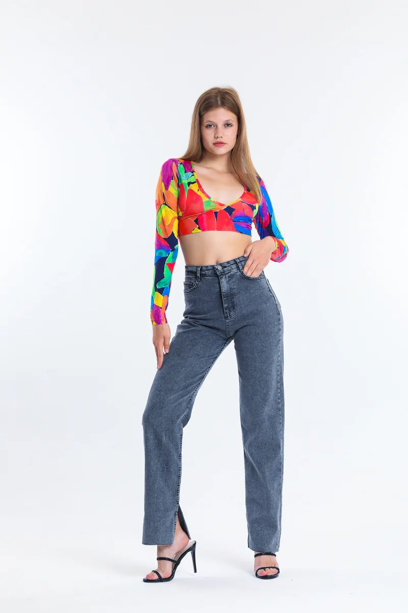 Füme Yüksek Bel Likralı Wide Leg Boyfriend Jean Paça Yırtmaçlı Bol Paça Kot Pantolon