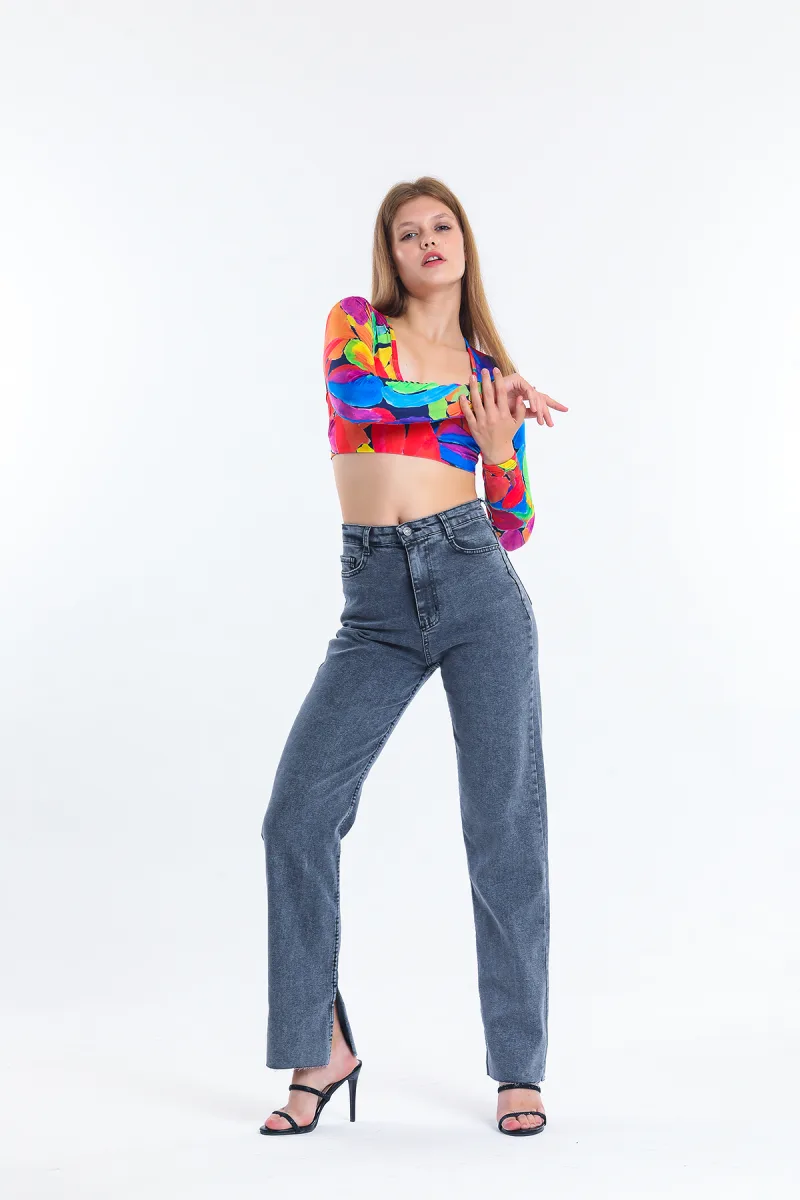 Füme Yüksek Bel Likralı Wide Leg Boyfriend Jean Paça Yırtmaçlı Bol Paça Kot Pantolon