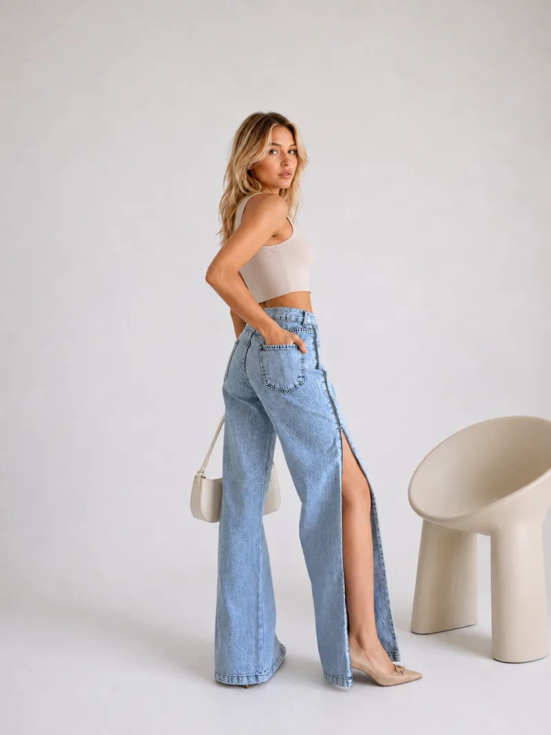 Kadın Buz Mavi Yüksek Bel Yan Fermuar Detaylı Bol Paça Palazzo Jean Denim Kot Pantolon
