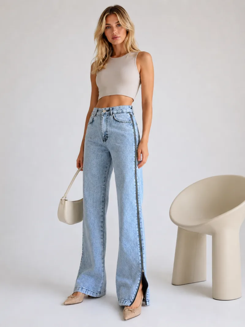 Kadın Buz Mavi Yüksek Bel Yan Fermuar Detaylı Bol Paça Palazzo Jean Denim Kot Pantolon