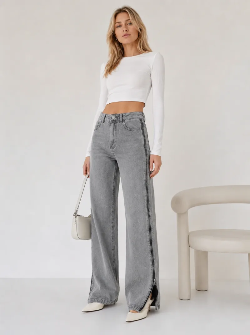 Kadın Füme Yüksek Bel Yan Fermuar Detaylı Bol Paça Palazzo Jean Denim Kot Pantolon