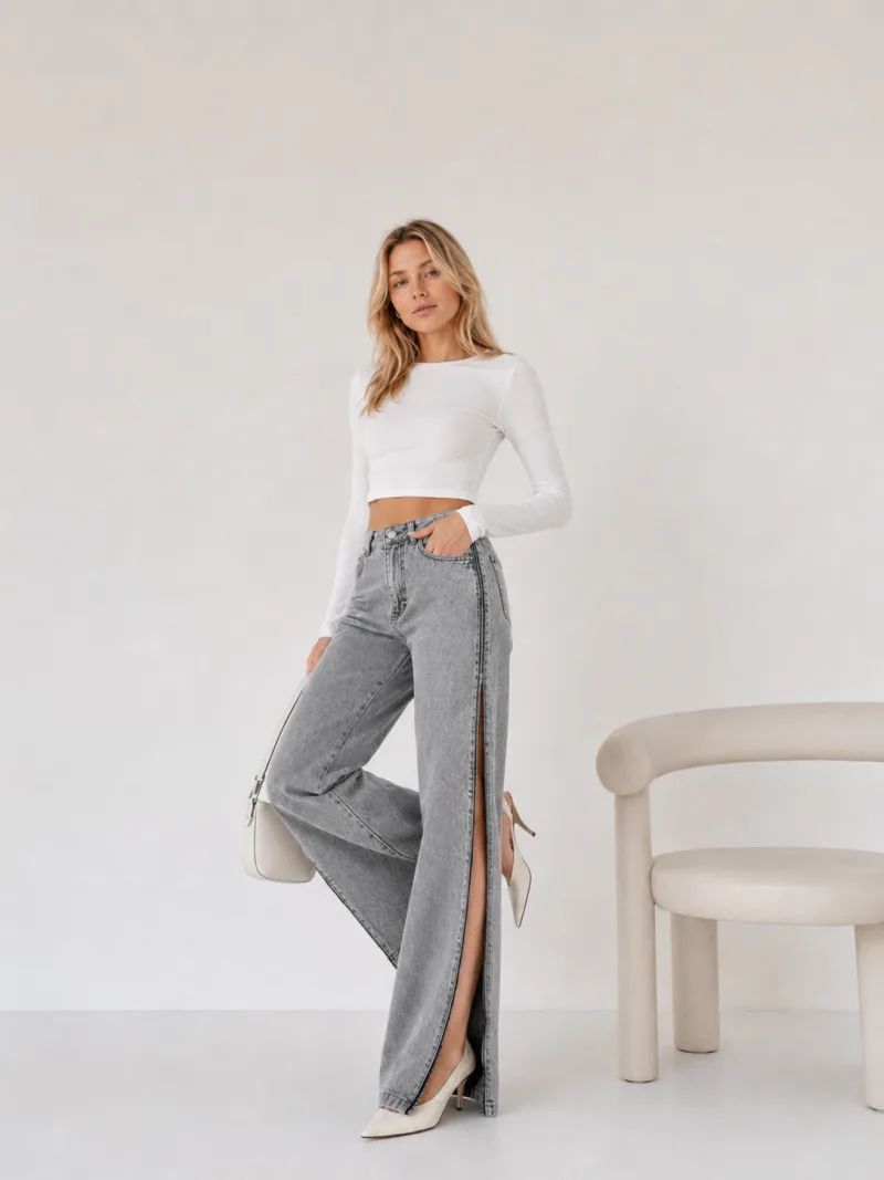 Kadın Füme Yüksek Bel Yan Fermuar Detaylı Bol Paça Palazzo Jean Denim Kot Pantolon
