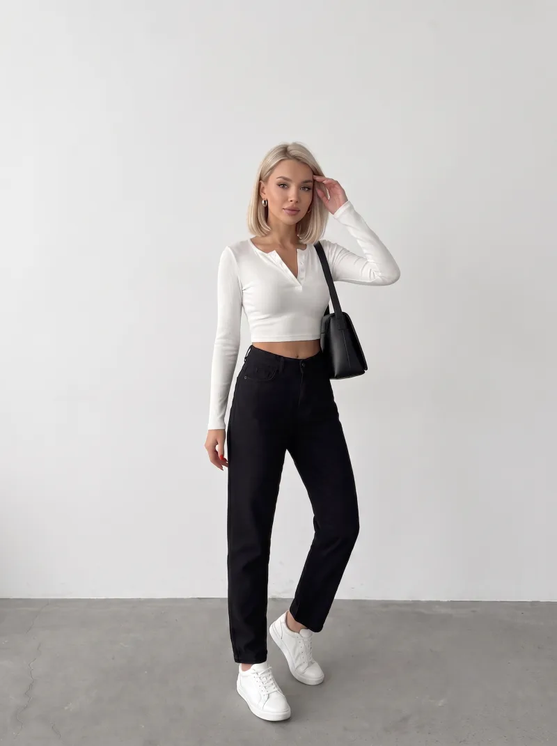 Kadın Beyaz Keten Mom Jeans Pantolon