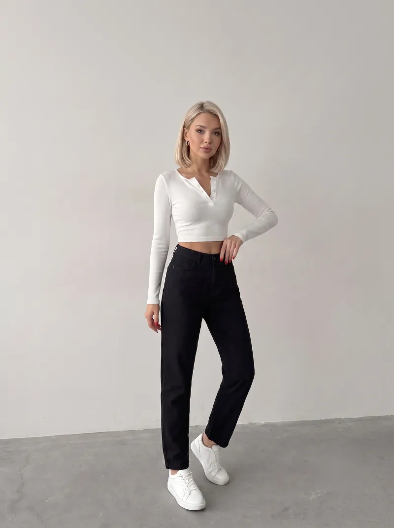 Kadın Beyaz Keten Mom Jeans Pantolon