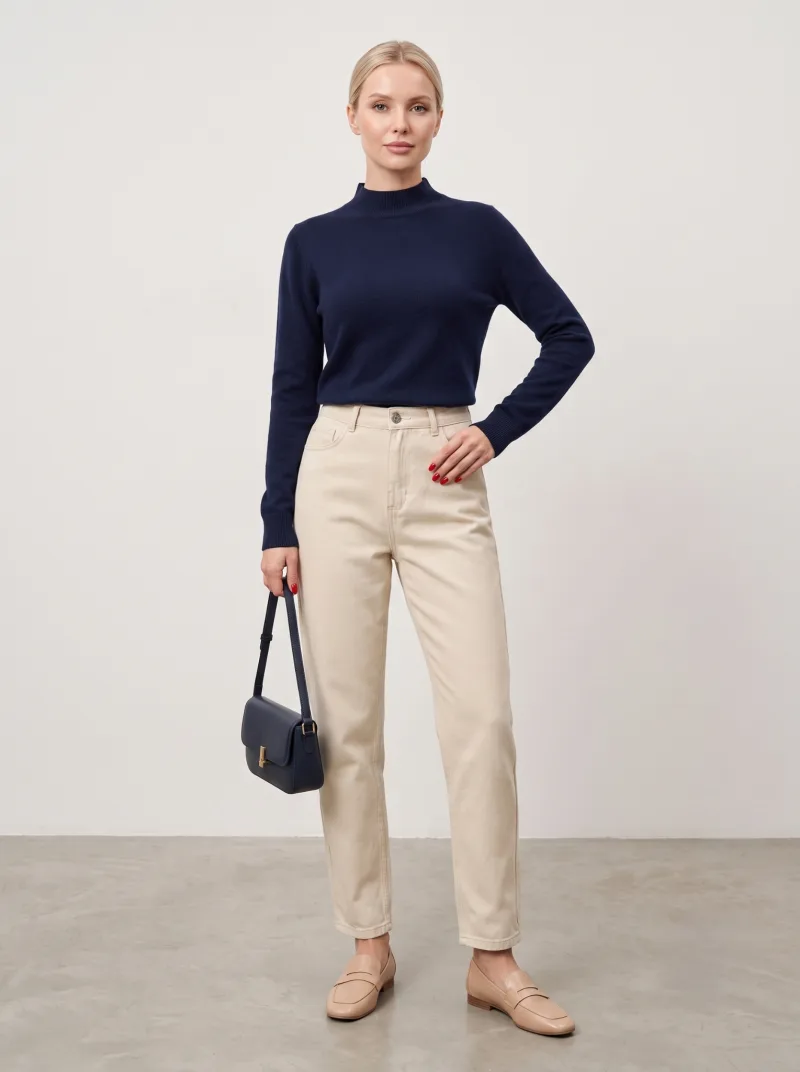 Kadın Beyaz Keten Mom Jeans Pantolon