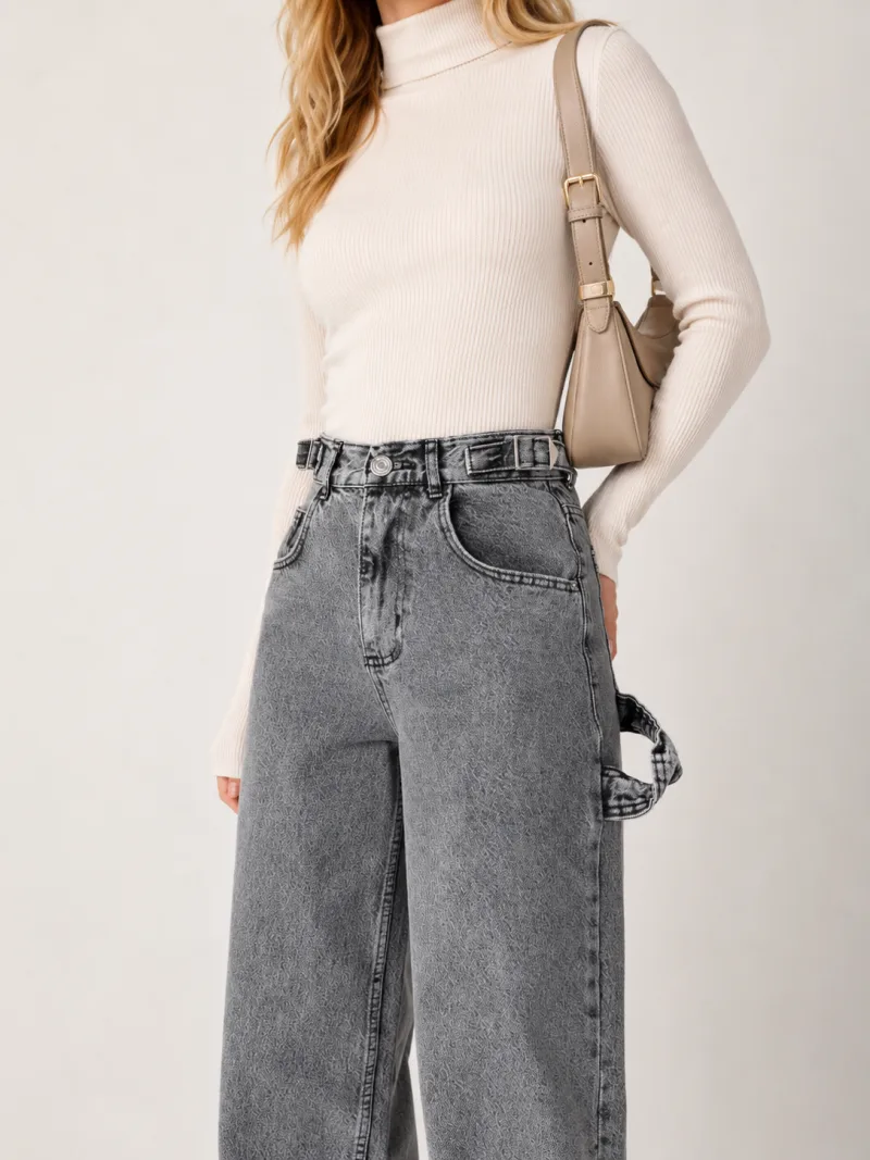 Kadın Füme Yan Kemer Tokalı Yüksek Bel Baggy Jeans Salaş Kot Pantolon