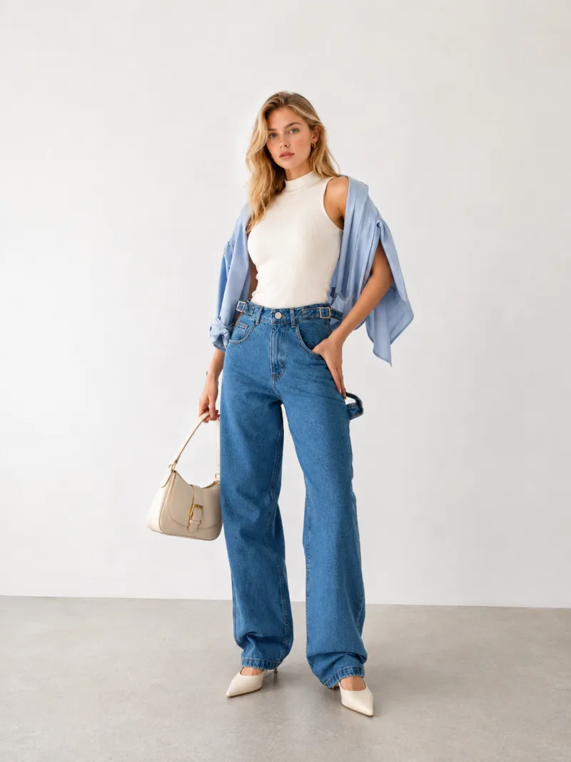 Kadın BuzMavi Yan Kemer Tokalı Yüksek Bel Baggy Jeans Salaş Kot Pantolon