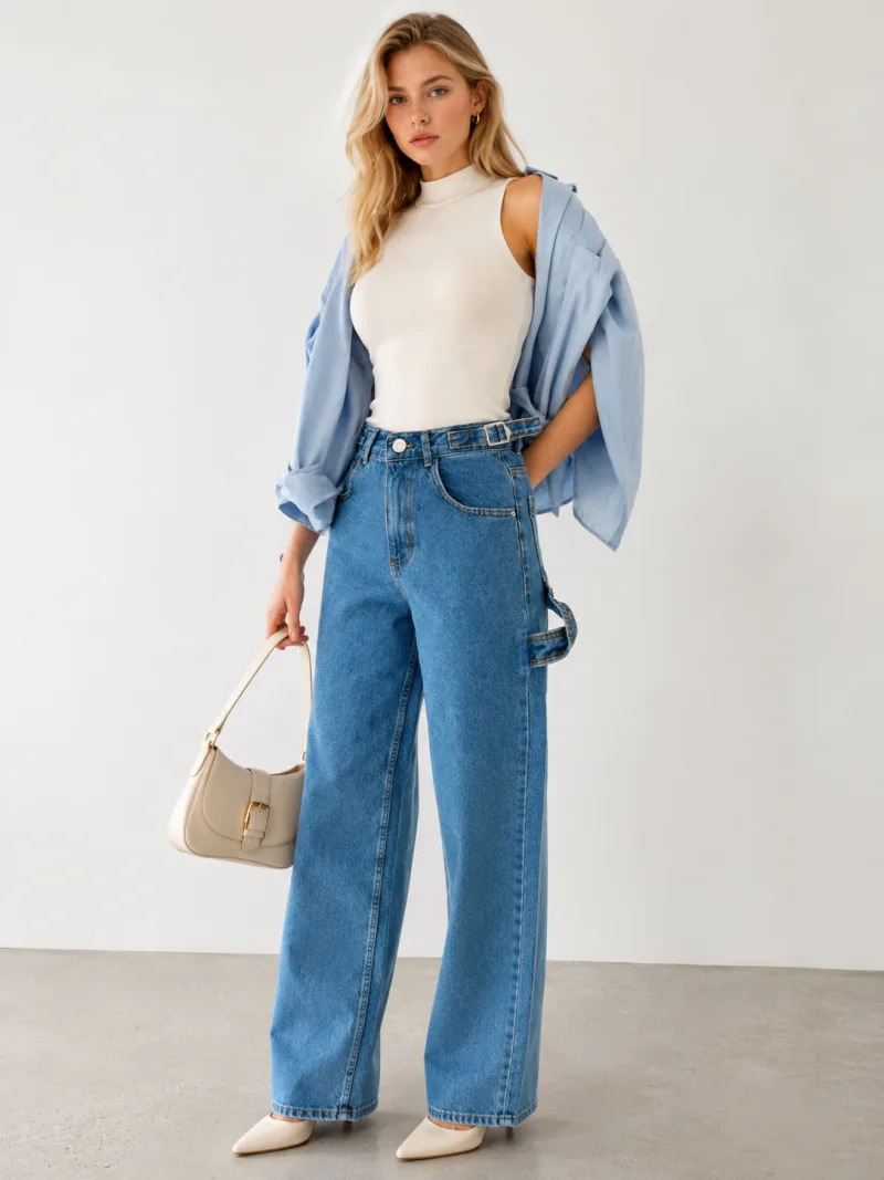 Kadın BuzMavi Yan Kemer Tokalı Yüksek Bel Baggy Jeans Salaş Kot Pantolon
