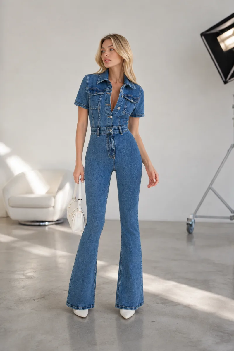Taş Yıkama İspanyol Paça Kısa Kol Denim Tulum