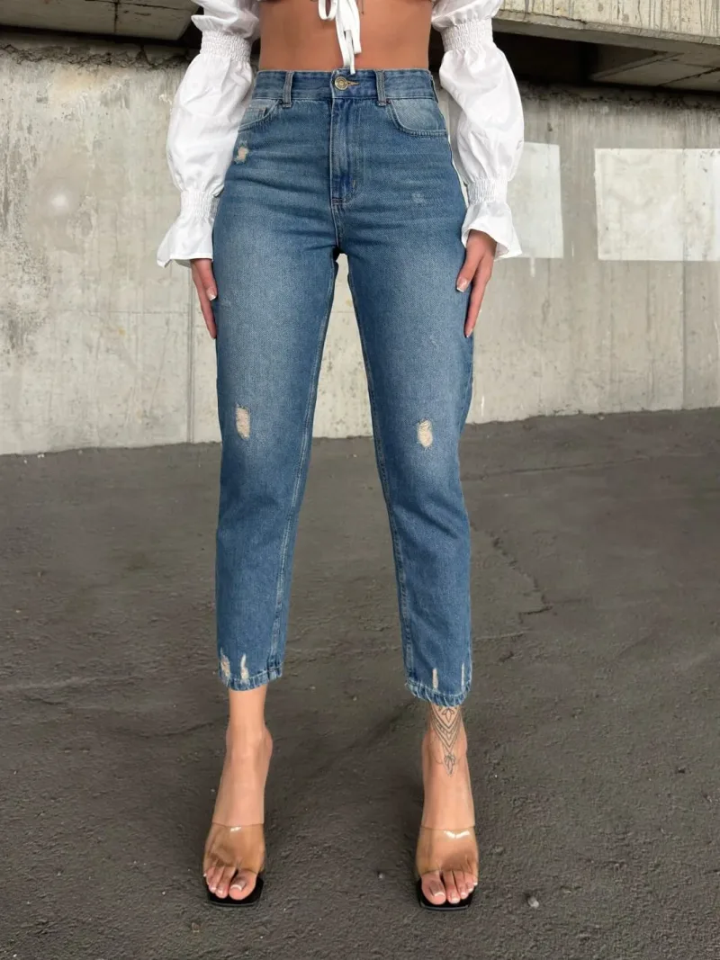 Kadın Füme Yüksek Bel Yırtık Boyfriend Mom Jean Kot Pantolon