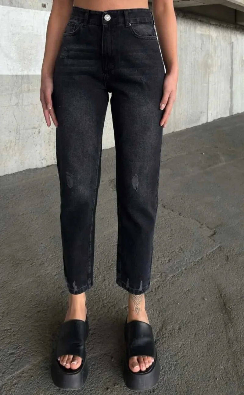 Kadın Füme Yüksek Bel Yırtık Boyfriend Mom Jean Kot Pantolon