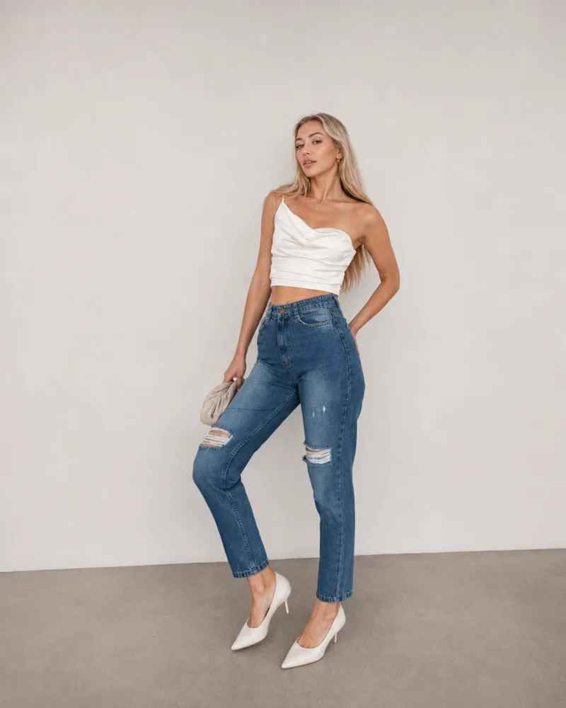 Siyah Yüksek Bel Yırtıklı Trend Mom Jean Boyfriend Kot Pantolon
