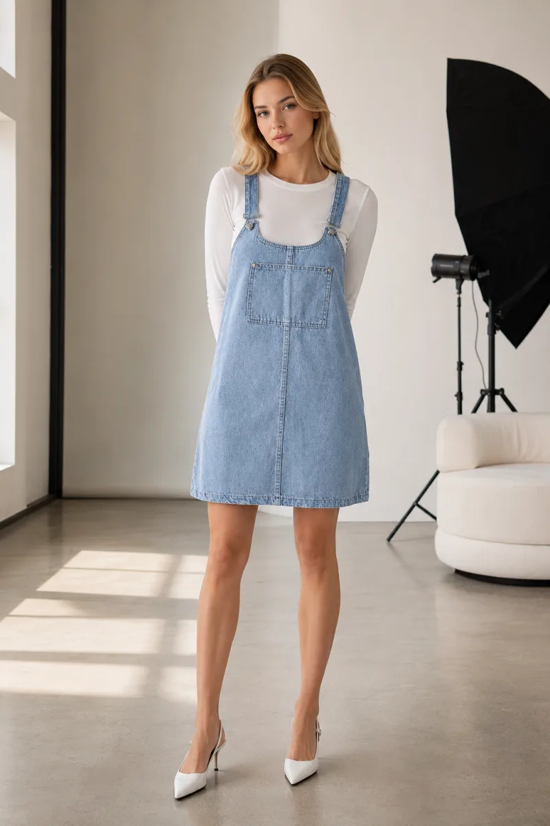 Kadın Kanguru Cepli Ayarlanabilir Askılı Mini Denim Salopet Elbise