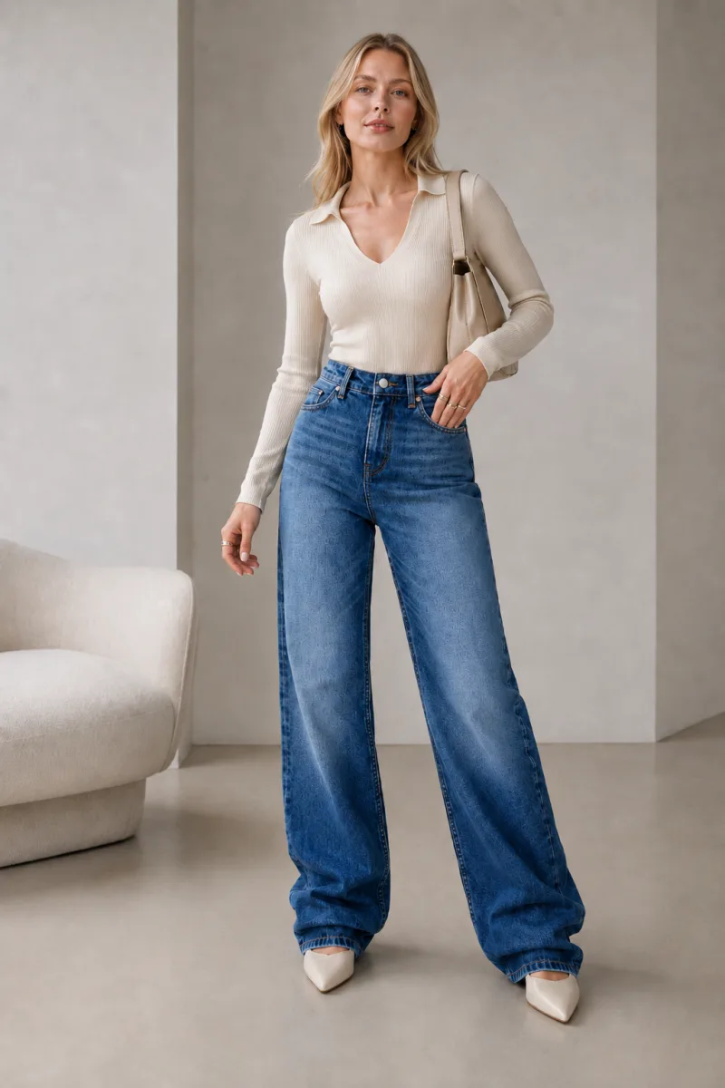 Kadın Mavi Bıyık Yıkamalı İşlemeli Boru Paça Denim Kot Pantolon