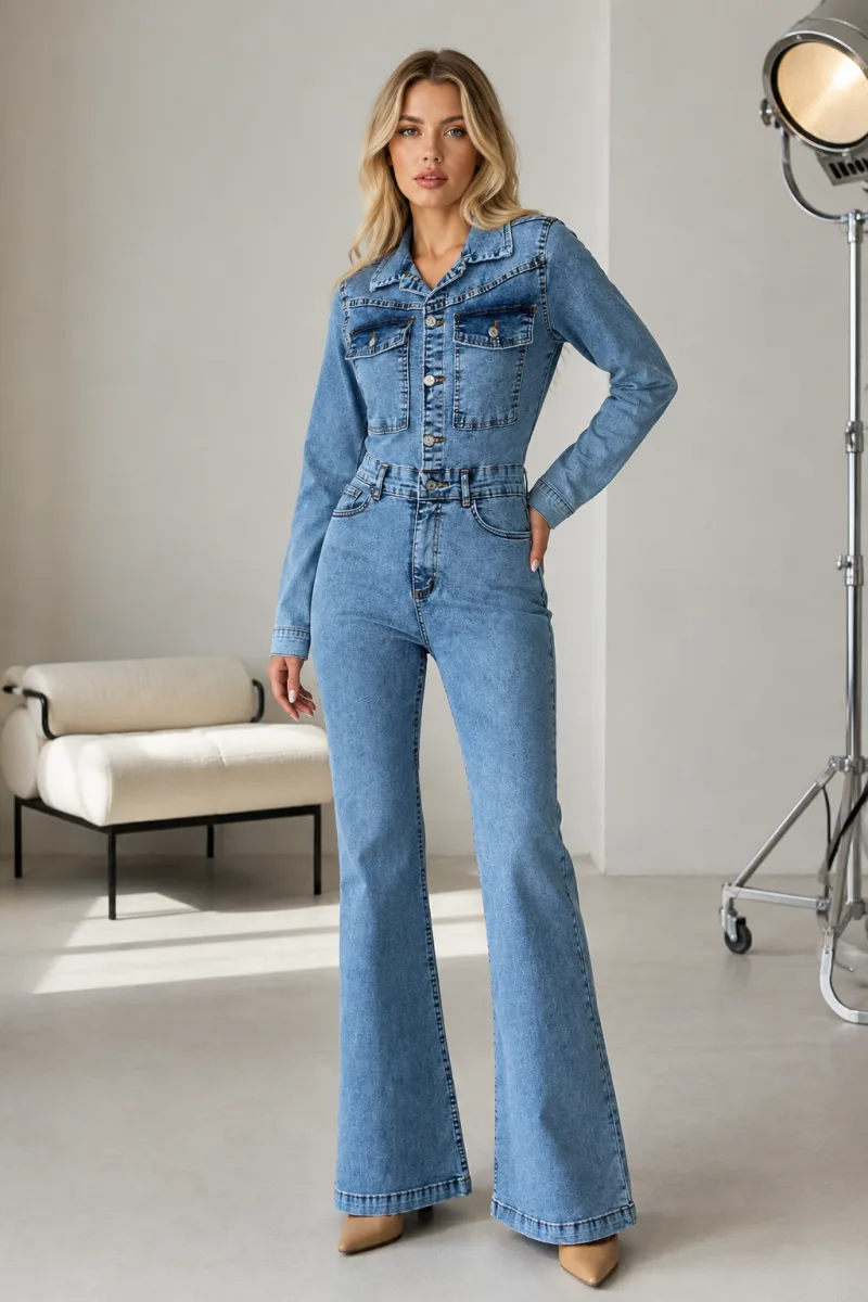 Kadın Uzun Kollu Buz Mavi Düğmeli Flare İspanyol Paça Denim Tulum