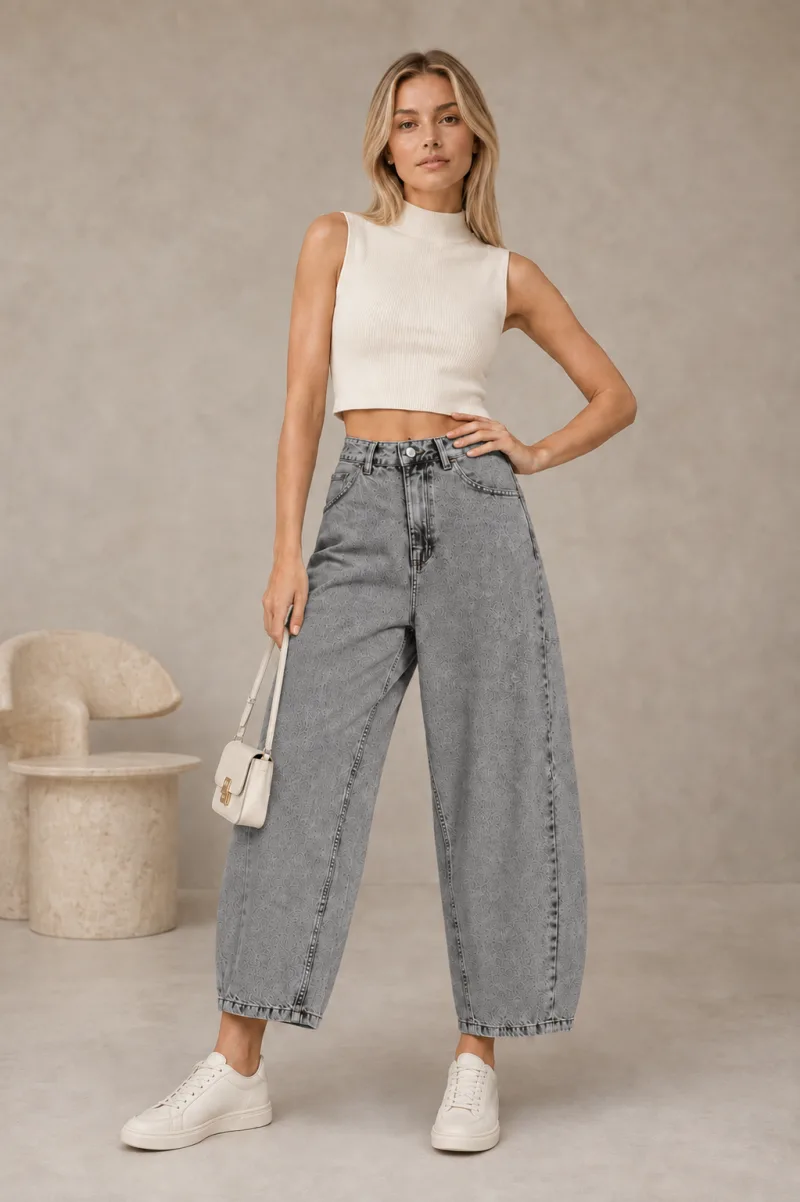 Buz Mavi Yüksek Bel Kısa Paça Bol Paça Baggy Jean Kot Pantolon