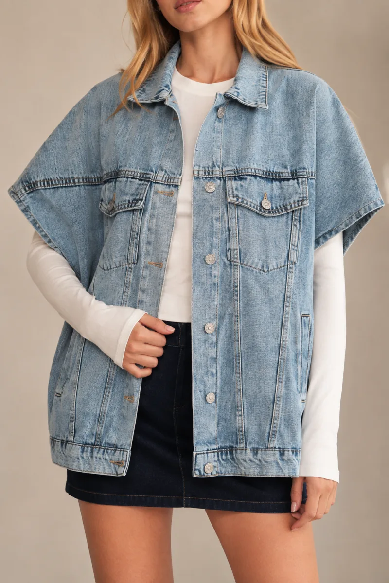 Kadın Buz Mavi Oversize Panço Kolsuz Kot Denim Jean Yelek