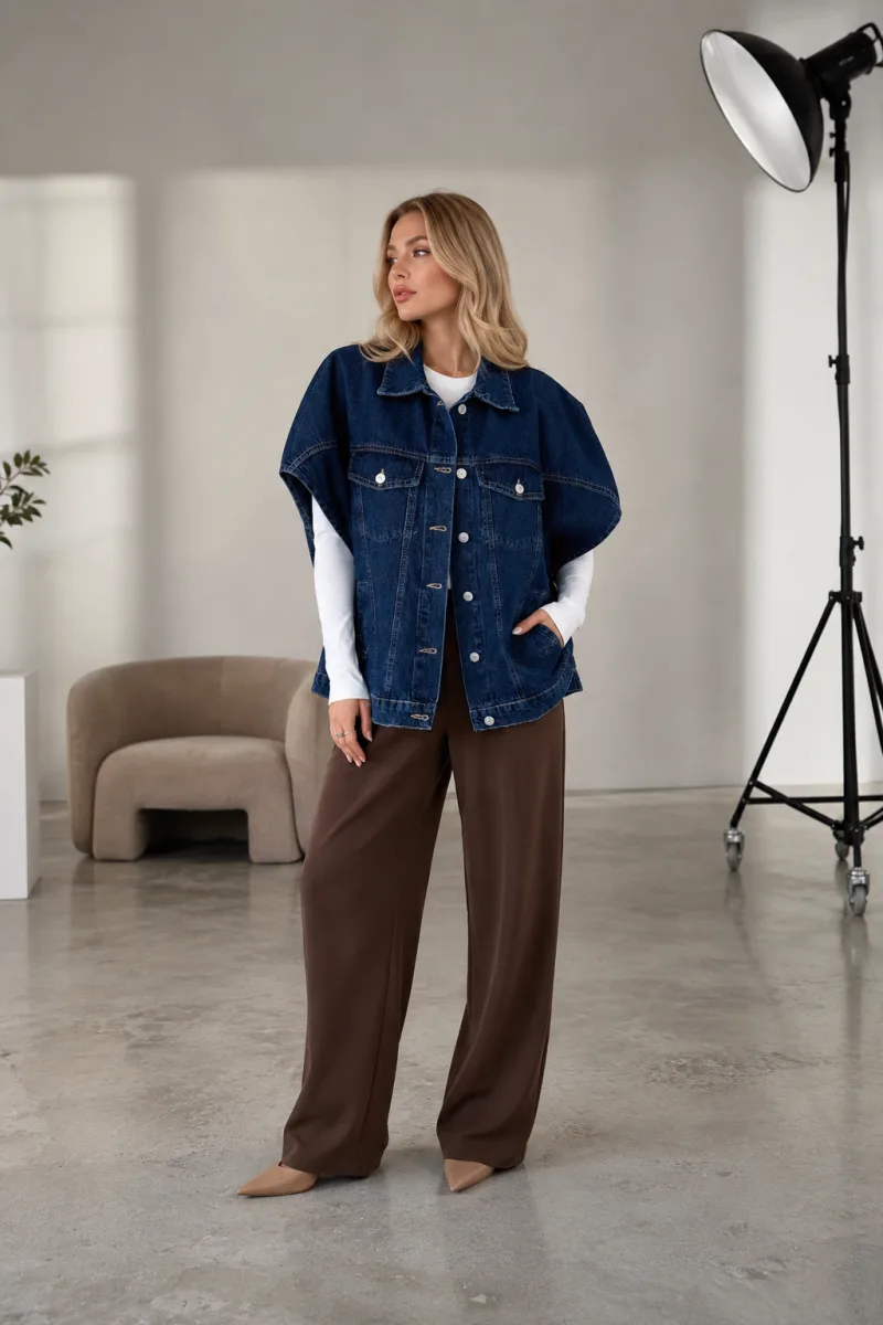 Kadın Buz Mavi Oversize Panço Kolsuz Kot Denim Jean Yelek