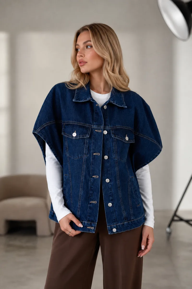 Kadın Buz Mavi Oversize Panço Kolsuz Kot Denim Jean Yelek