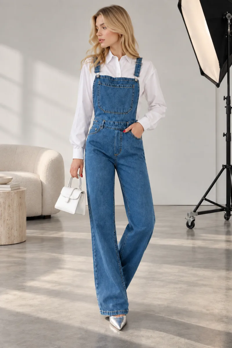 Kadın Bol Paça Denim Bahçıvan Tulum Rahat Kesim Jean