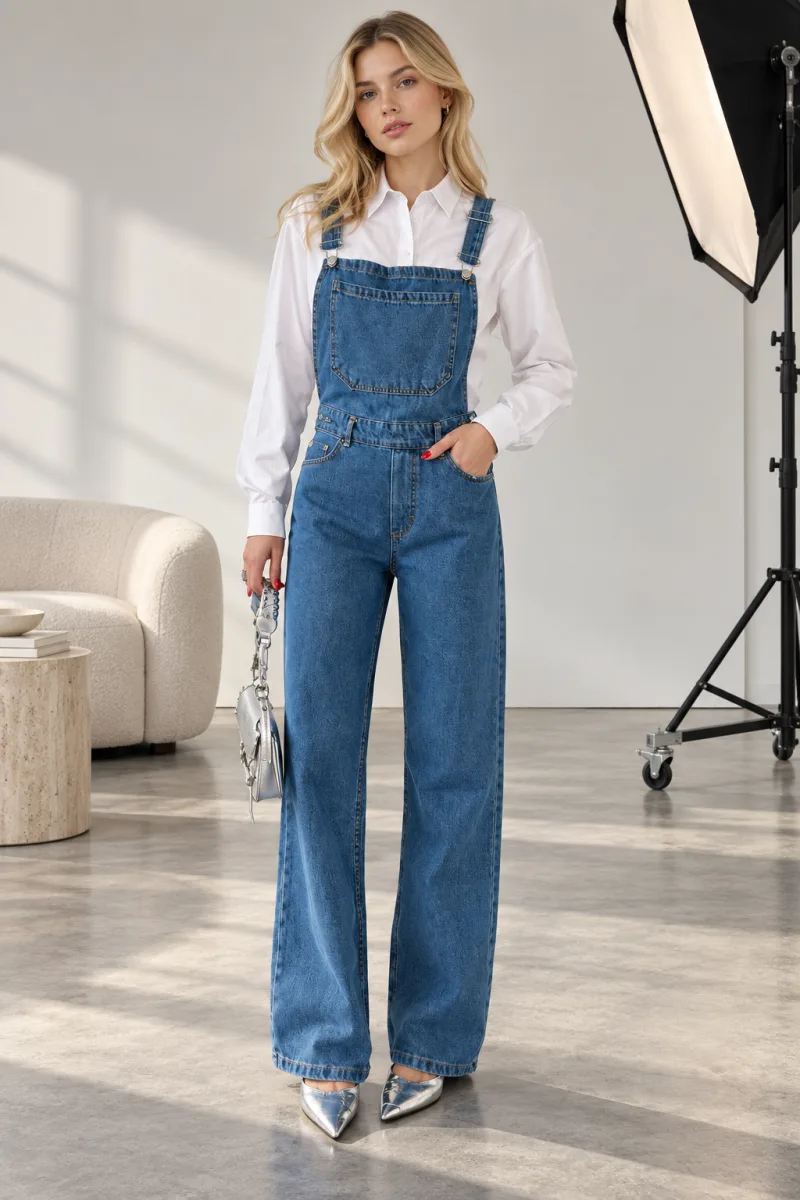 Kadın Bol Paça Denim Bahçıvan Tulum Rahat Kesim Jean
