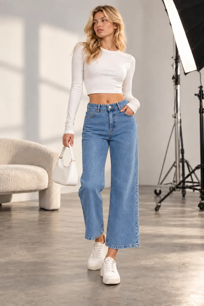 Kadın Yüksek Bel Bilek Boy Geniş Paça Modern Kesim Denim Jean Pantolon