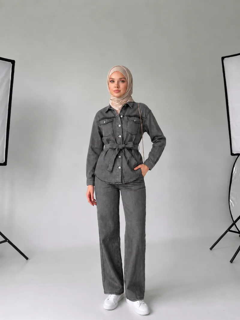 Kadın Kuşaklı Buz Mavi Denim Ceket Pantolon İkili Takım