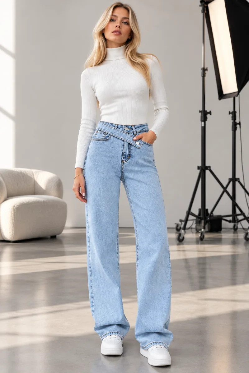Kadın Likralı Kemer Dil Detaylı Şardonlu BuzMavi Denim Jean Pantolon