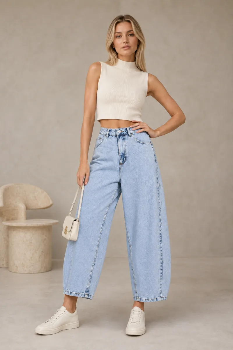 Buz Mavi Yüksek Bel Kısa Paça Bol Paça Baggy Jean Kot Pantolon