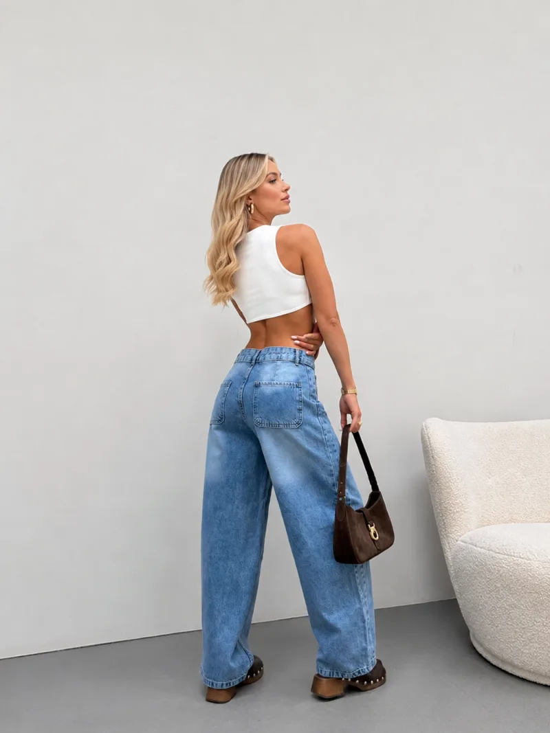 Kadın Mavi Yüksek Bel Geniş Paça Tint Yıkama Bol Kesim Baggy Jeans Salaş Kot Pantolon