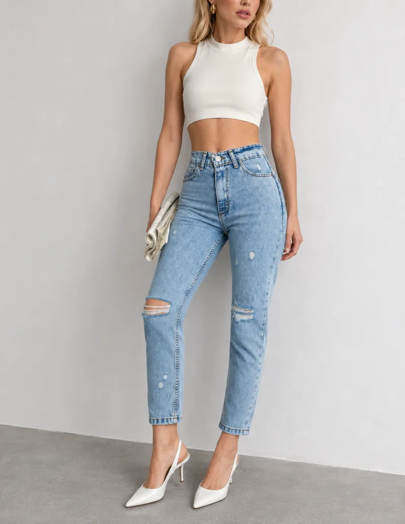Füme Yüksek Bel Diz Yırtık Detaylı Boyfriend Mom Jean Kot Pantolon