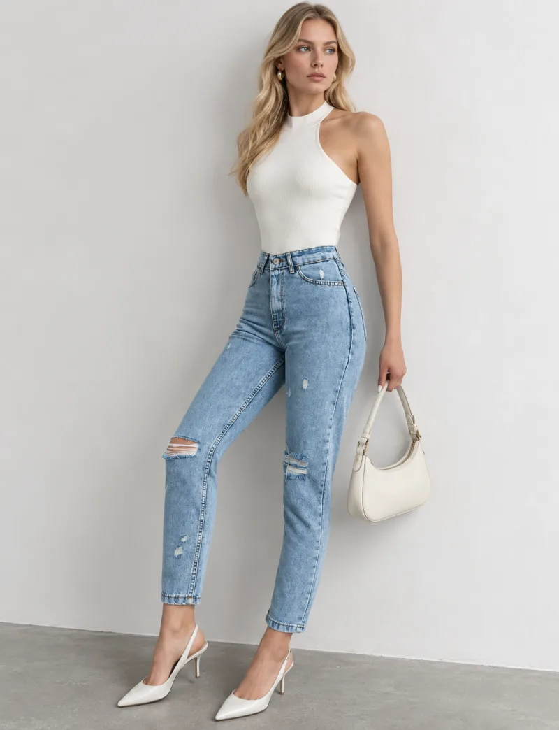 Füme Yüksek Bel Diz Yırtık Detaylı Boyfriend Mom Jean Kot Pantolon