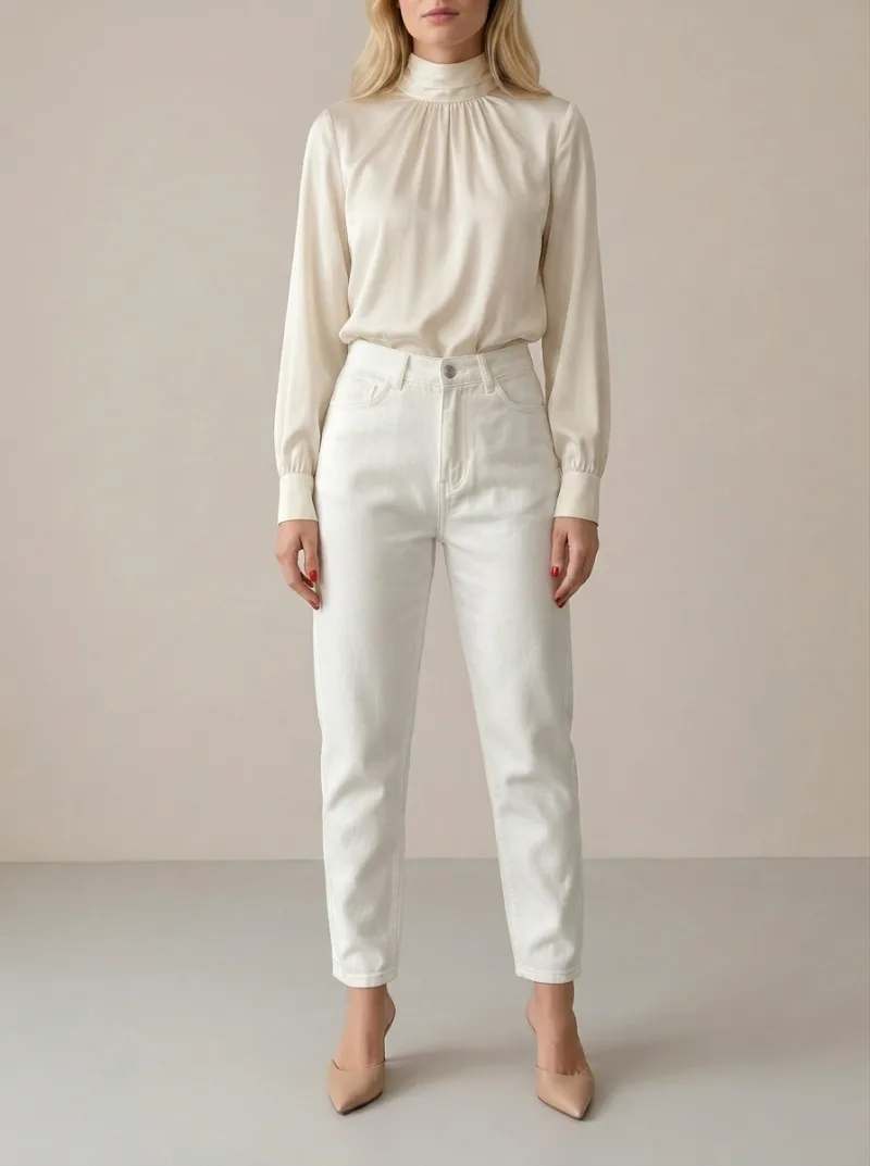 Kadın Beyaz Keten Mom Jeans Pantolon