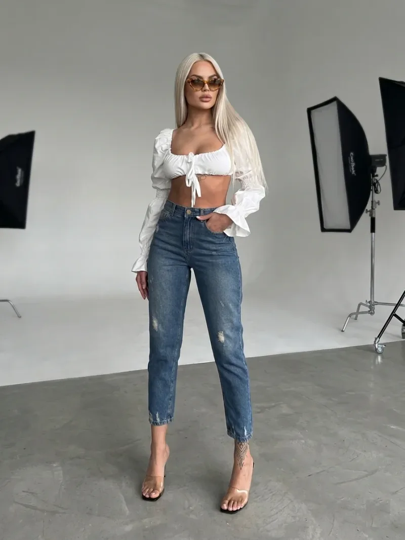Kadın Füme Yüksek Bel Yırtık Boyfriend Mom Jean Kot Pantolon