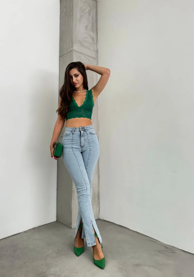 Buz Mavi Paça Yırtmaçlı Likralı İspanyol Paça Slim Jean