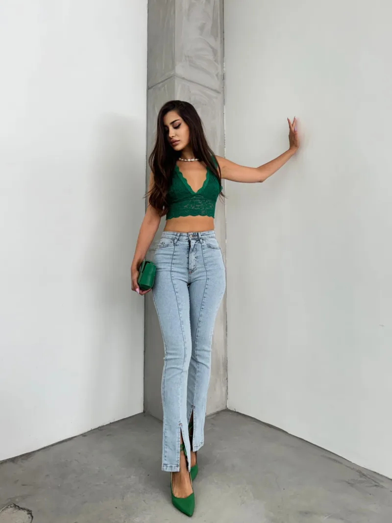 Buz Mavi Paça Yırtmaçlı Likralı İspanyol Paça Slim Jean