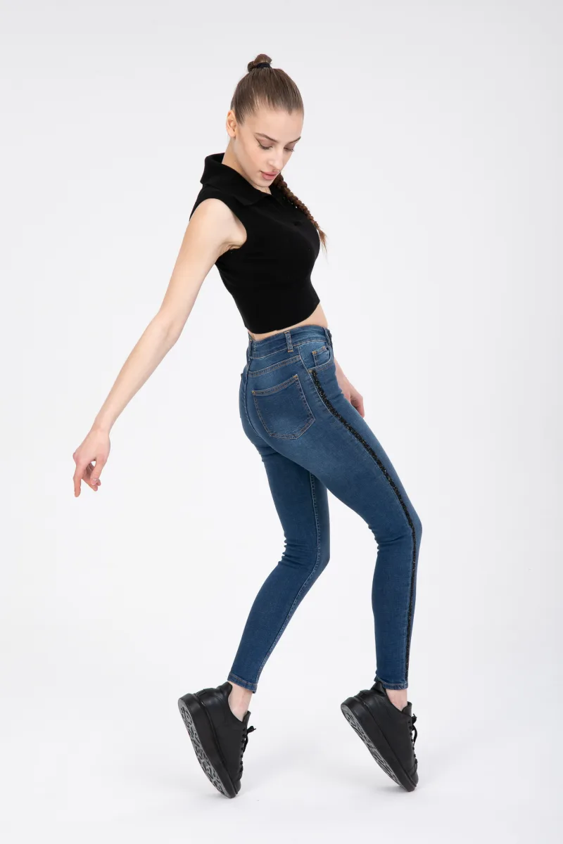 Mavi Likralı Dar Paça Yan Taşlı Skinny Jean Kot Pantolon