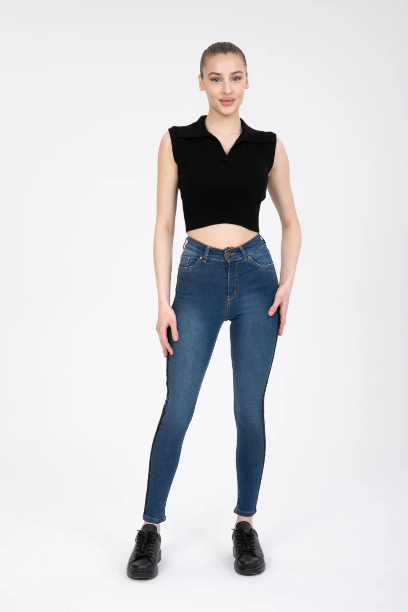 Mavi Likralı Dar Paça Yan Taşlı Skinny Jean Kot Pantolon